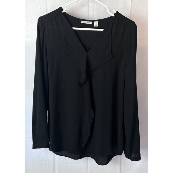 Halogen Womens Long Sleeve Ruffle Neck Size Med Black Shirt - Picture 1 of 10